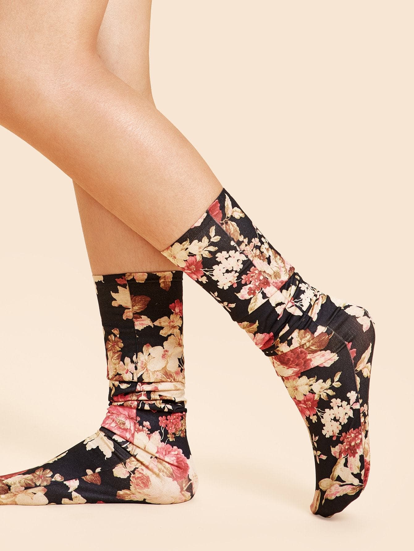 Multicolor Polyester Floral Print Socks 1pair