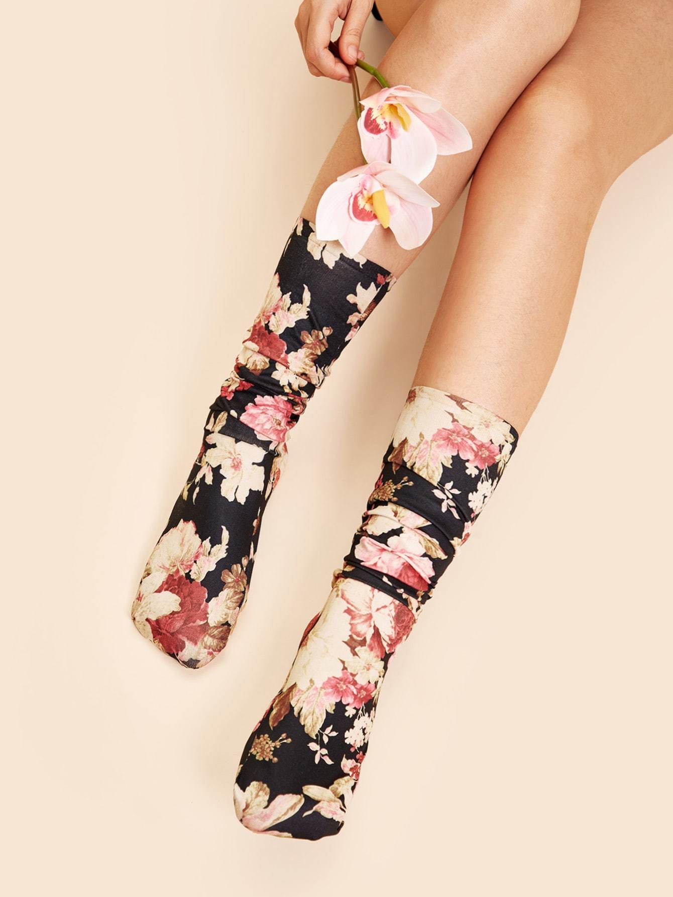 Multicolor Polyester Floral Print Socks 1pair