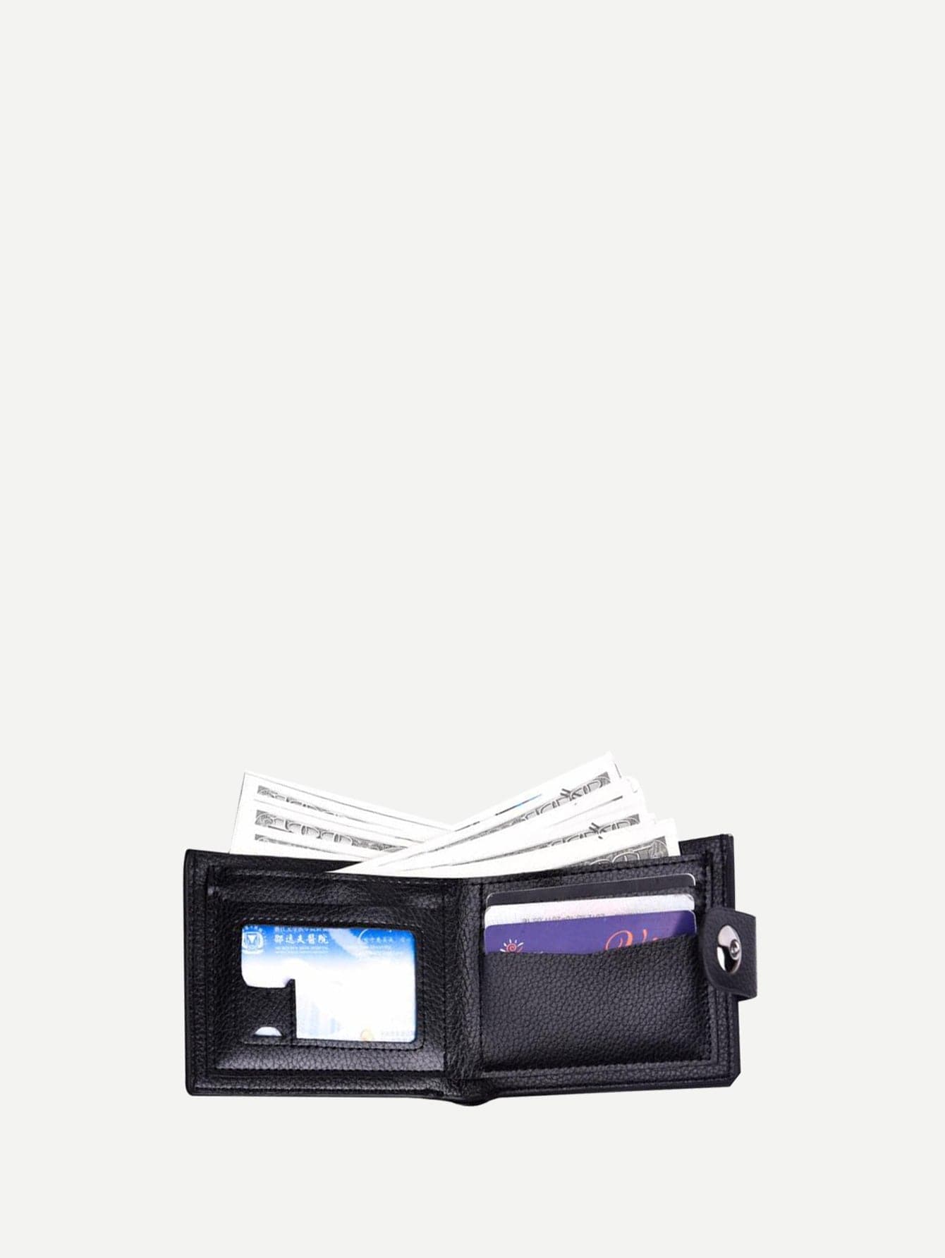 Pu Leather Black Magnetic Button Fold Over Wallet