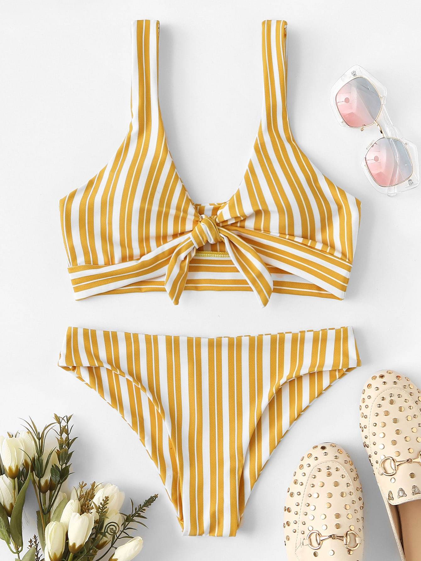 Plunge Neck Low Rise Random Striped Knot Front Bikini Swimwear