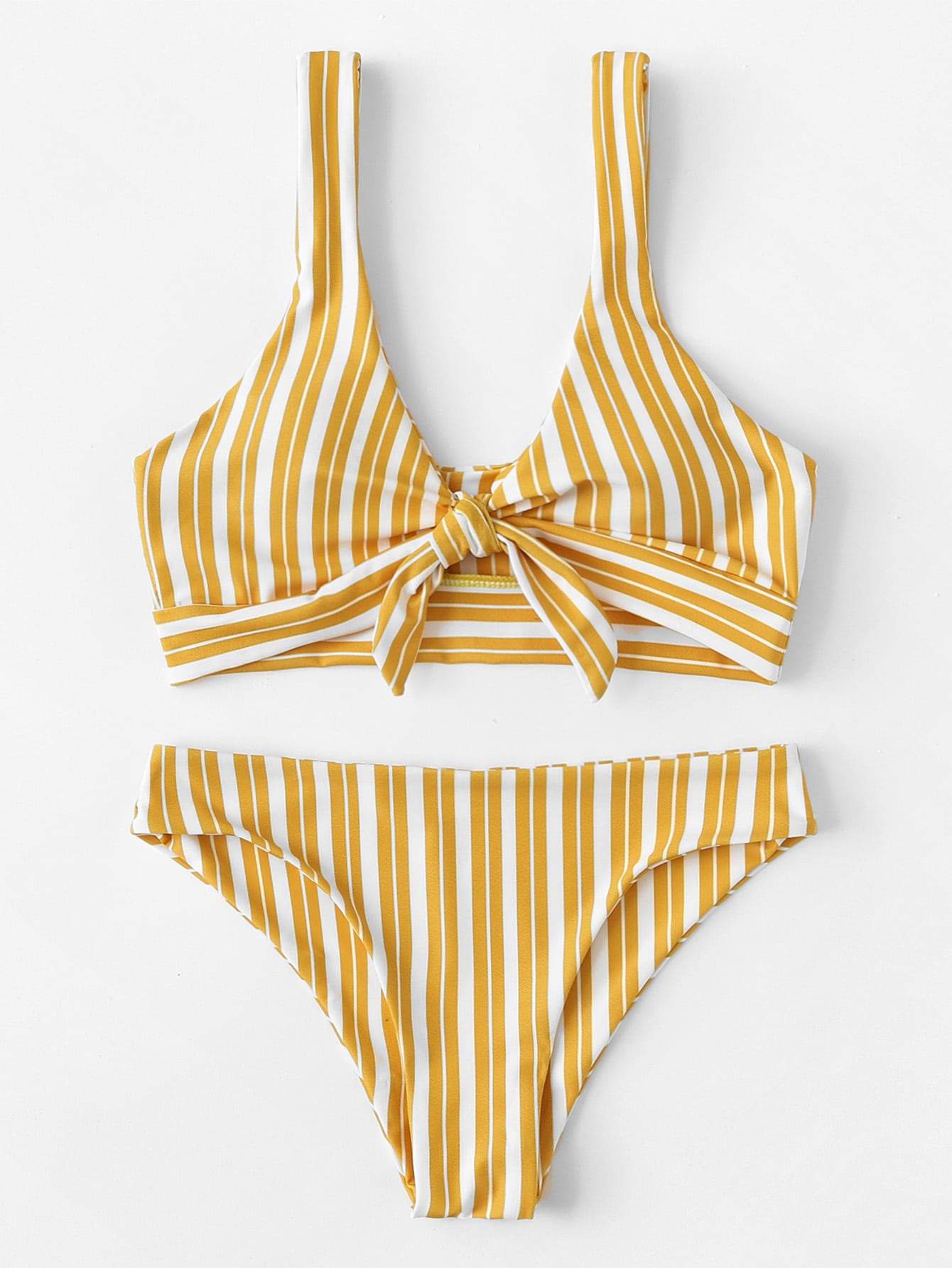 Plunge Neck Low Rise Random Striped Knot Front Bikini Swimwear