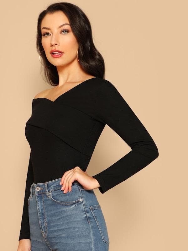 Slim Fit Foldover Asymmetrical Neck Solid Tee Top