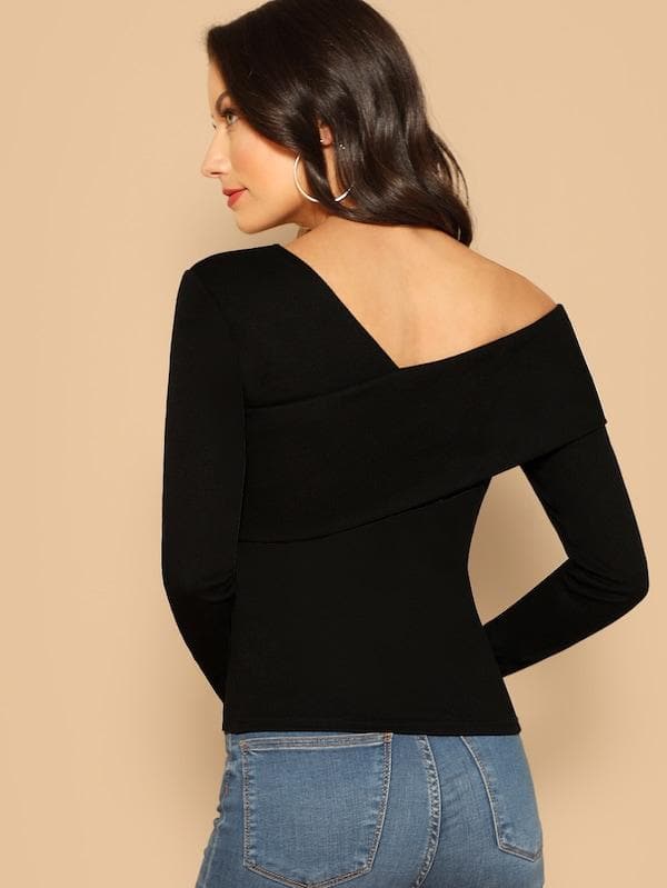 Slim Fit Foldover Asymmetrical Neck Solid Tee Top