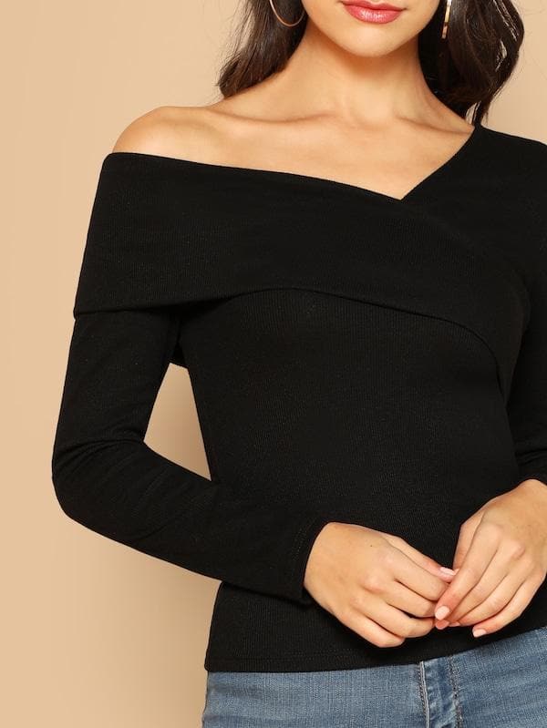 Slim Fit Foldover Asymmetrical Neck Solid Tee Top