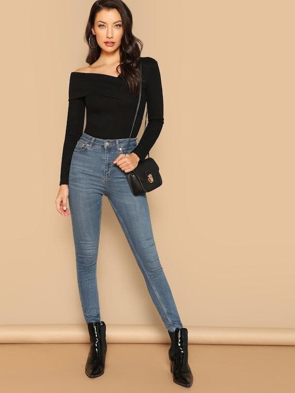 Slim Fit Foldover Asymmetrical Neck Solid Tee Top