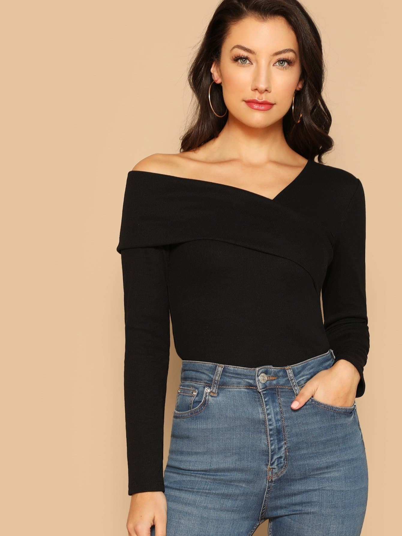 Slim Fit Foldover Asymmetrical Neck Solid Tee Top