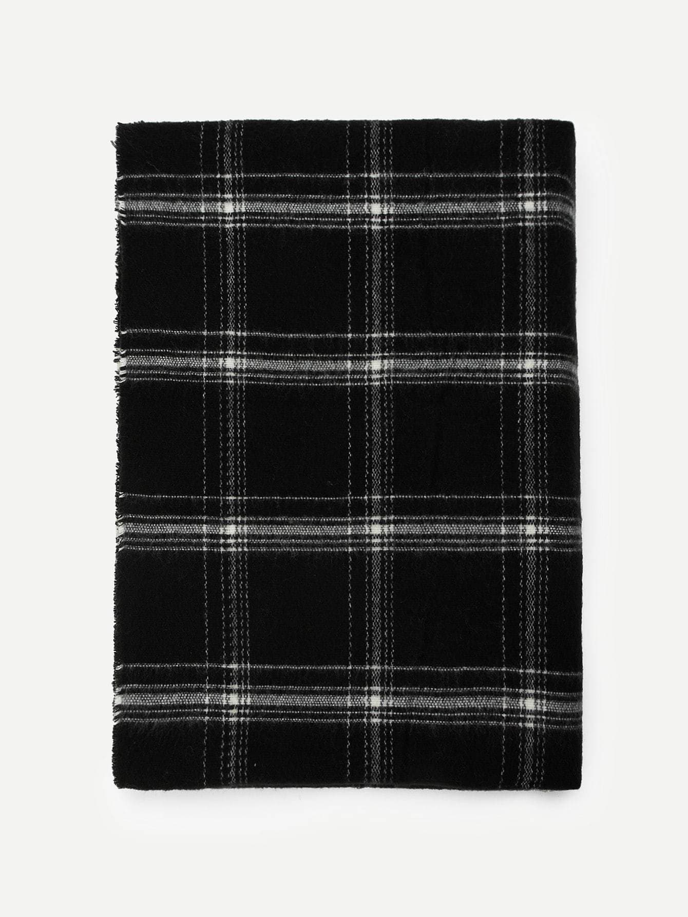 Black and White Frayed Trim Plaid Scarf