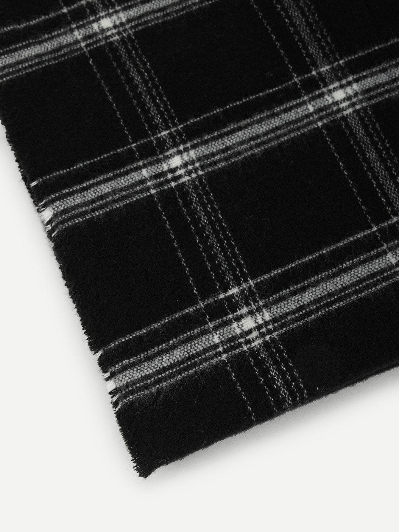 Black and White Frayed Trim Plaid Scarf