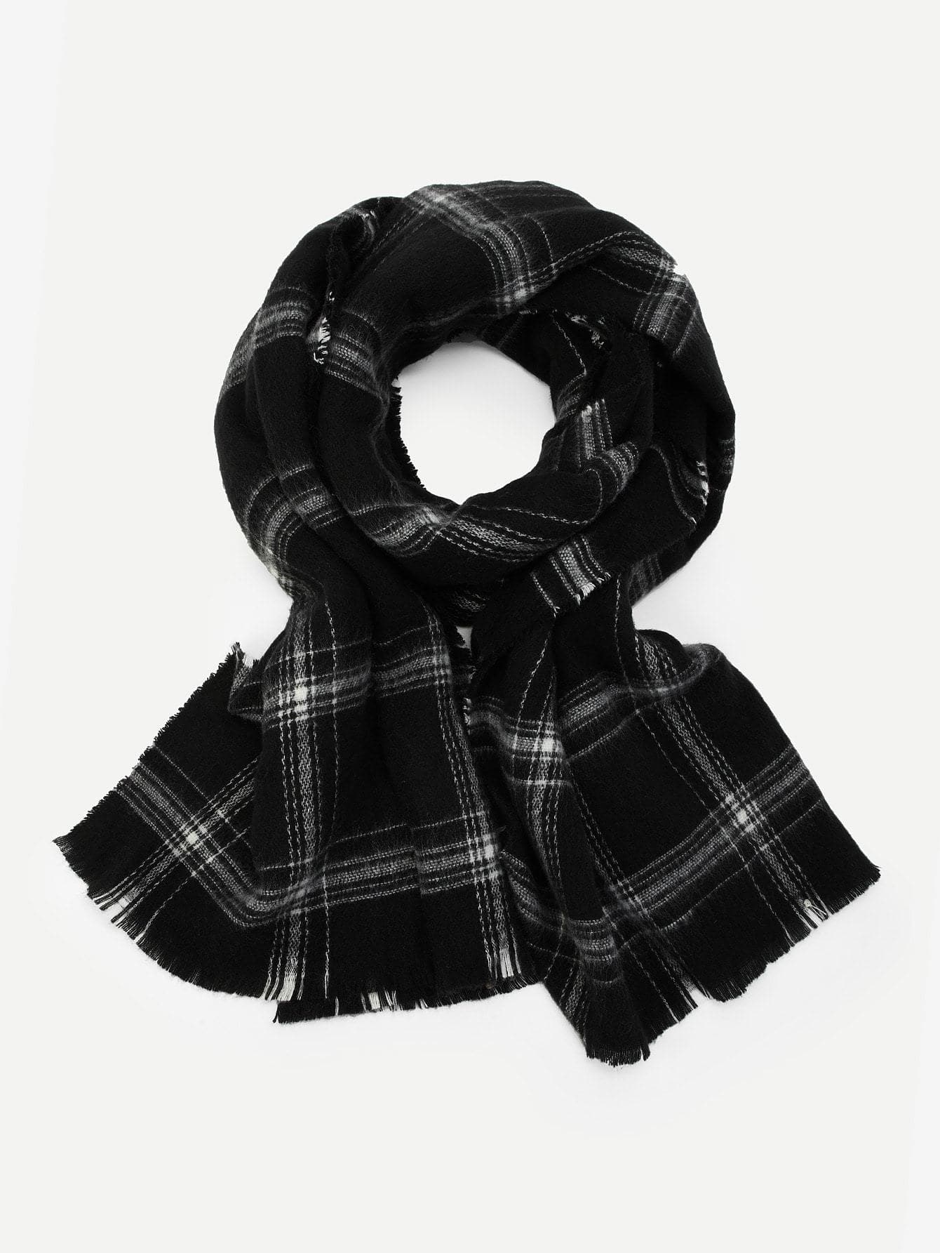 Black and White Frayed Trim Plaid Scarf