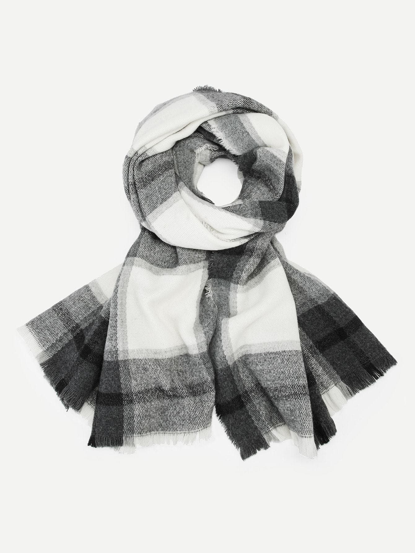 Frayed Trim Plaid Multicolor Scarf