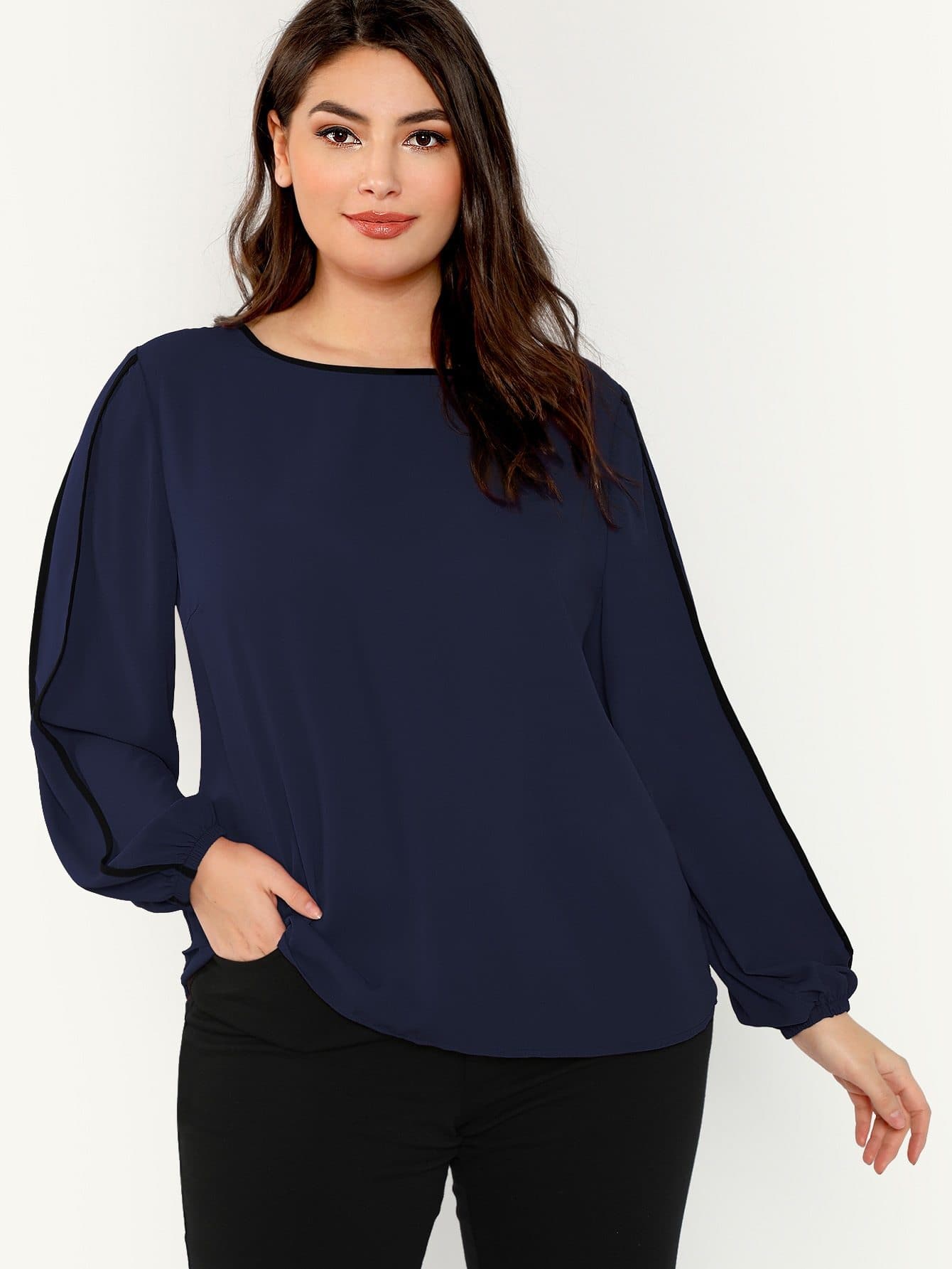 Polyester Round Neck Long Sleeve Plus Contrast Binding Top