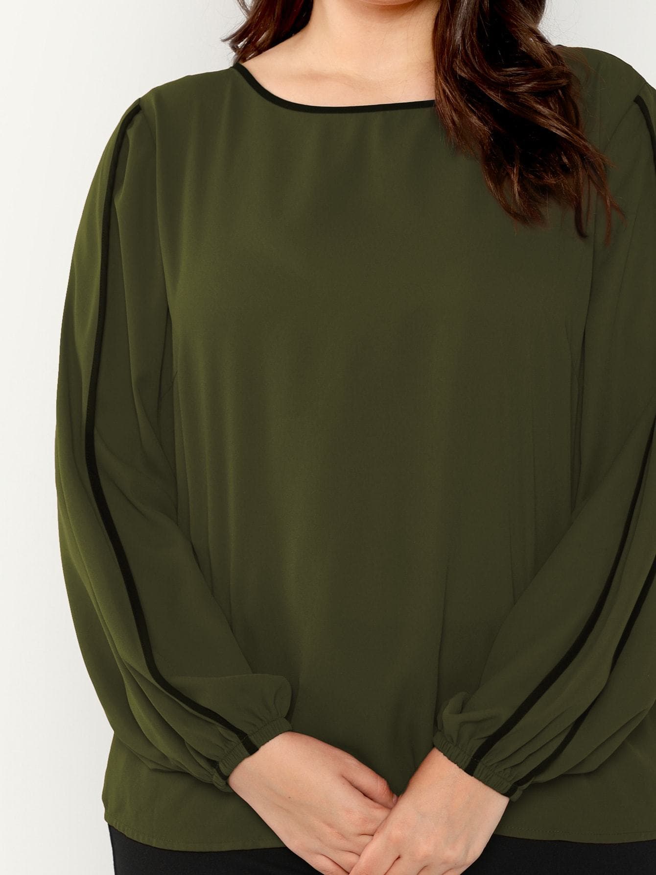 Polyester Round Neck Long Sleeve Plus Contrast Binding Top