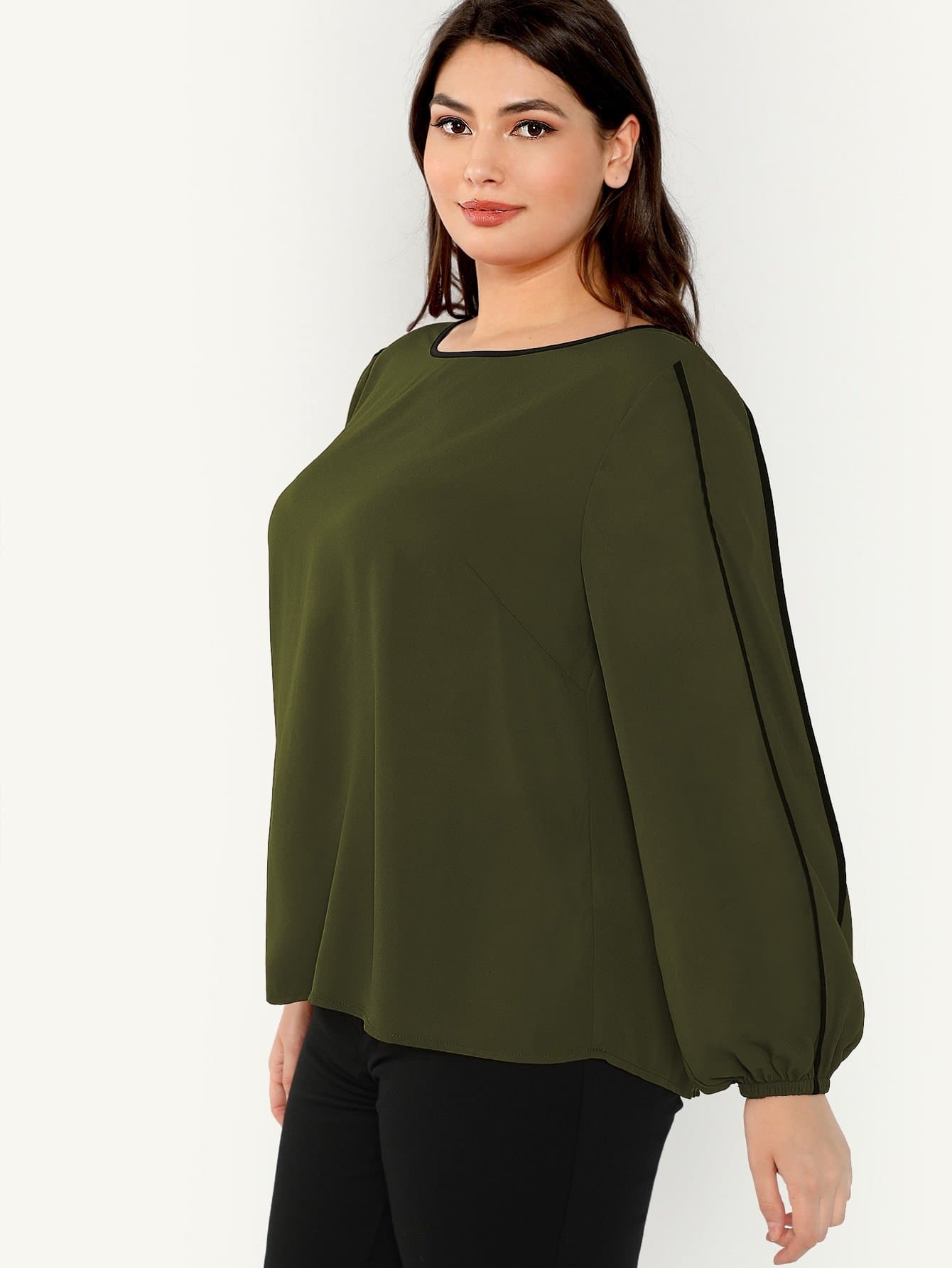 Polyester Round Neck Long Sleeve Plus Contrast Binding Top