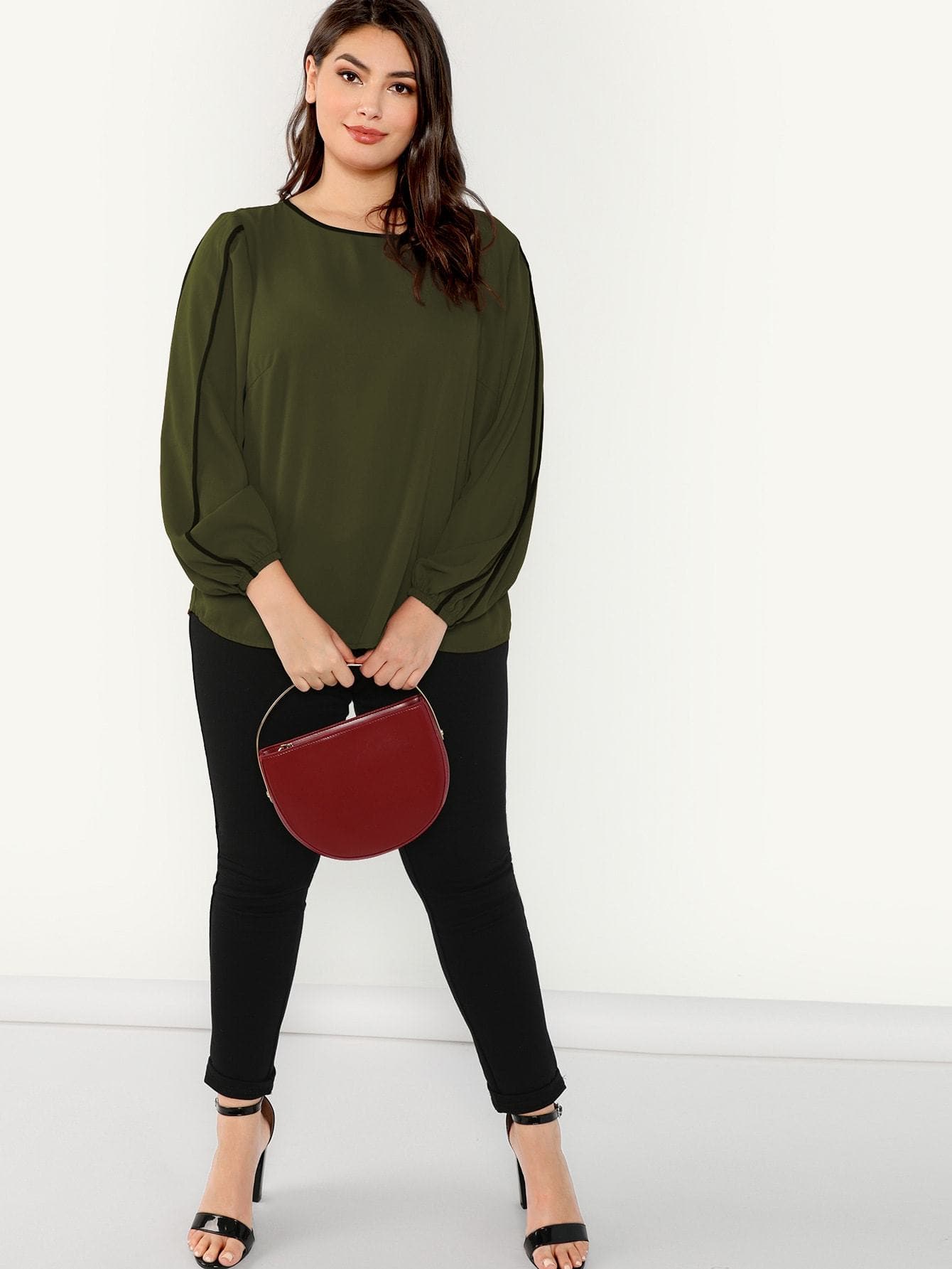 Polyester Round Neck Long Sleeve Plus Contrast Binding Top