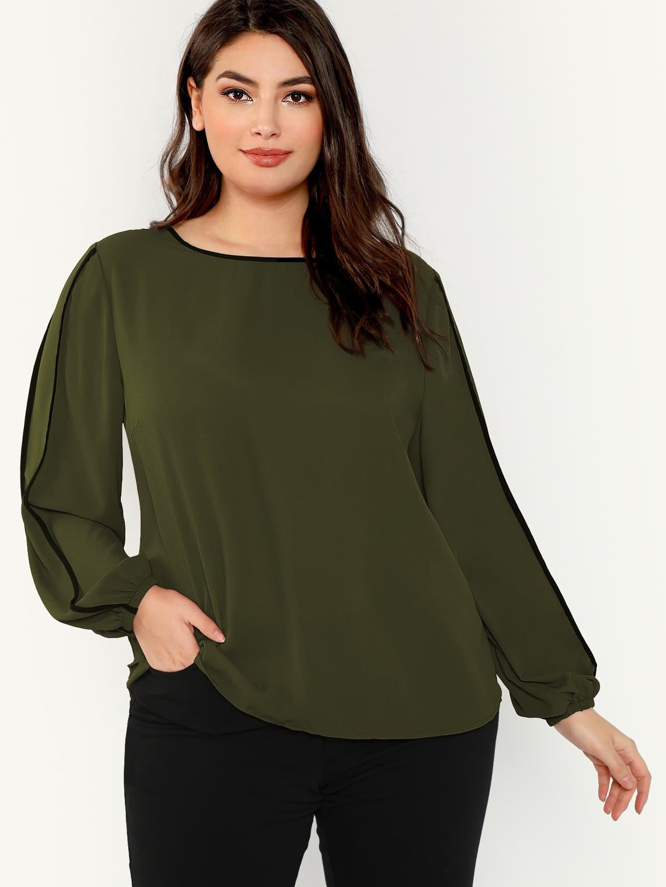 Polyester Round Neck Long Sleeve Plus Contrast Binding Top