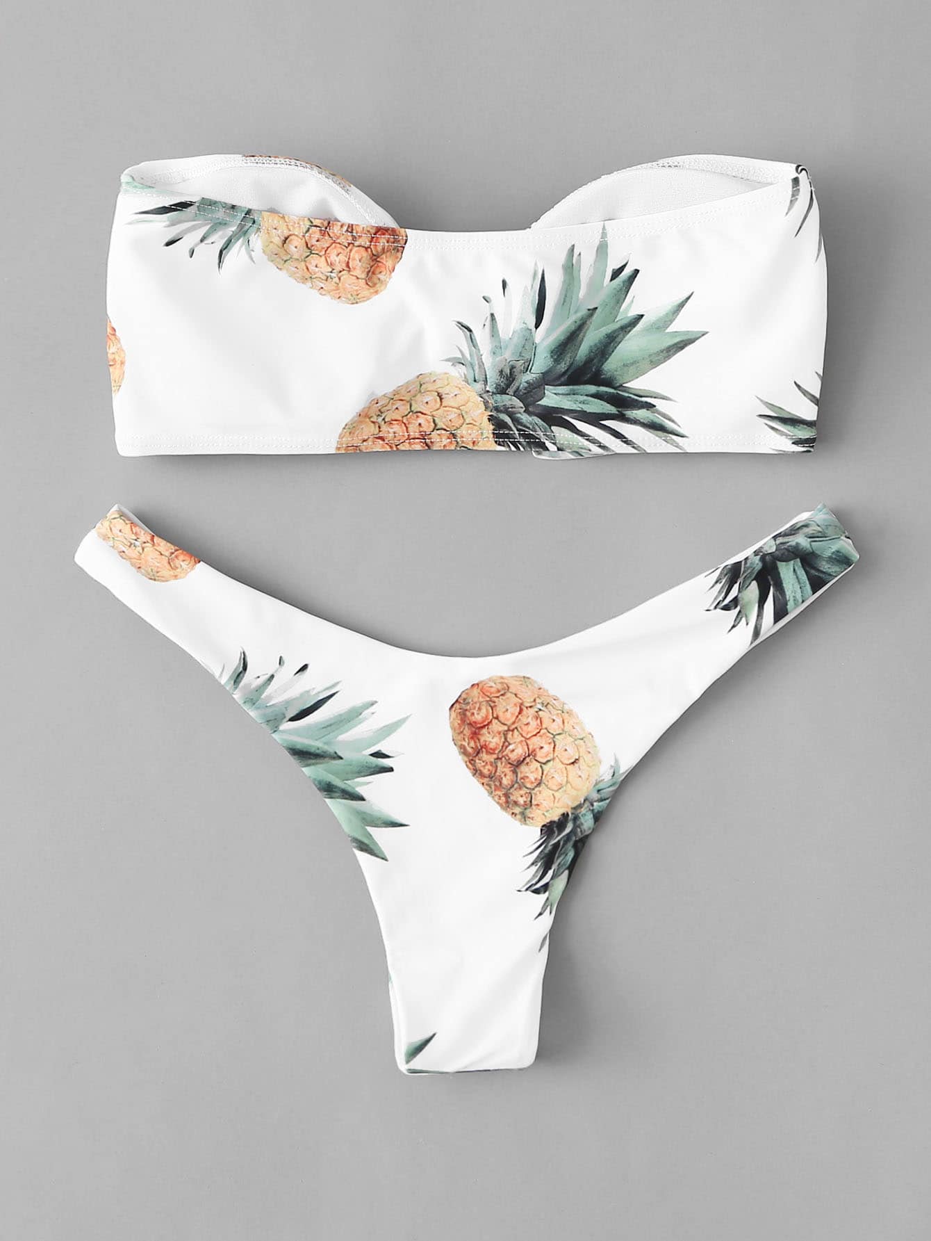 White Pineapple Print Bandeau With High Leg Bikini