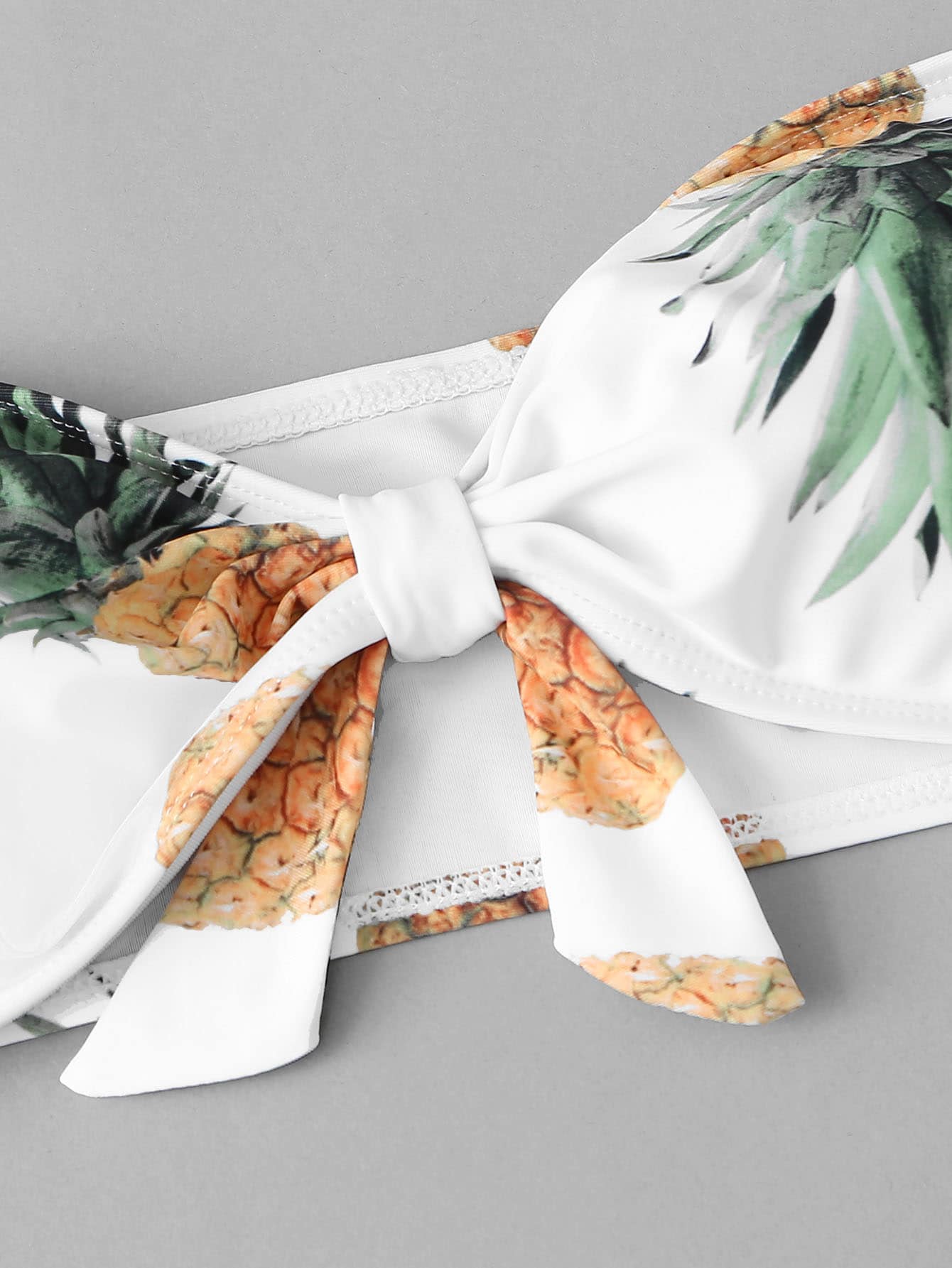 White Pineapple Print Bandeau With High Leg Bikini