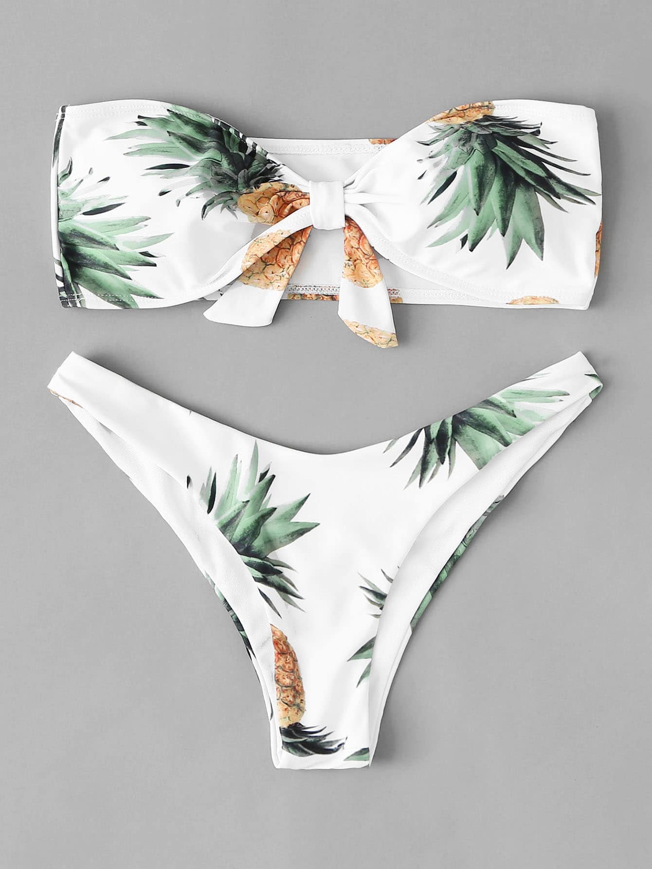 White Pineapple Print Bandeau With High Leg Bikini