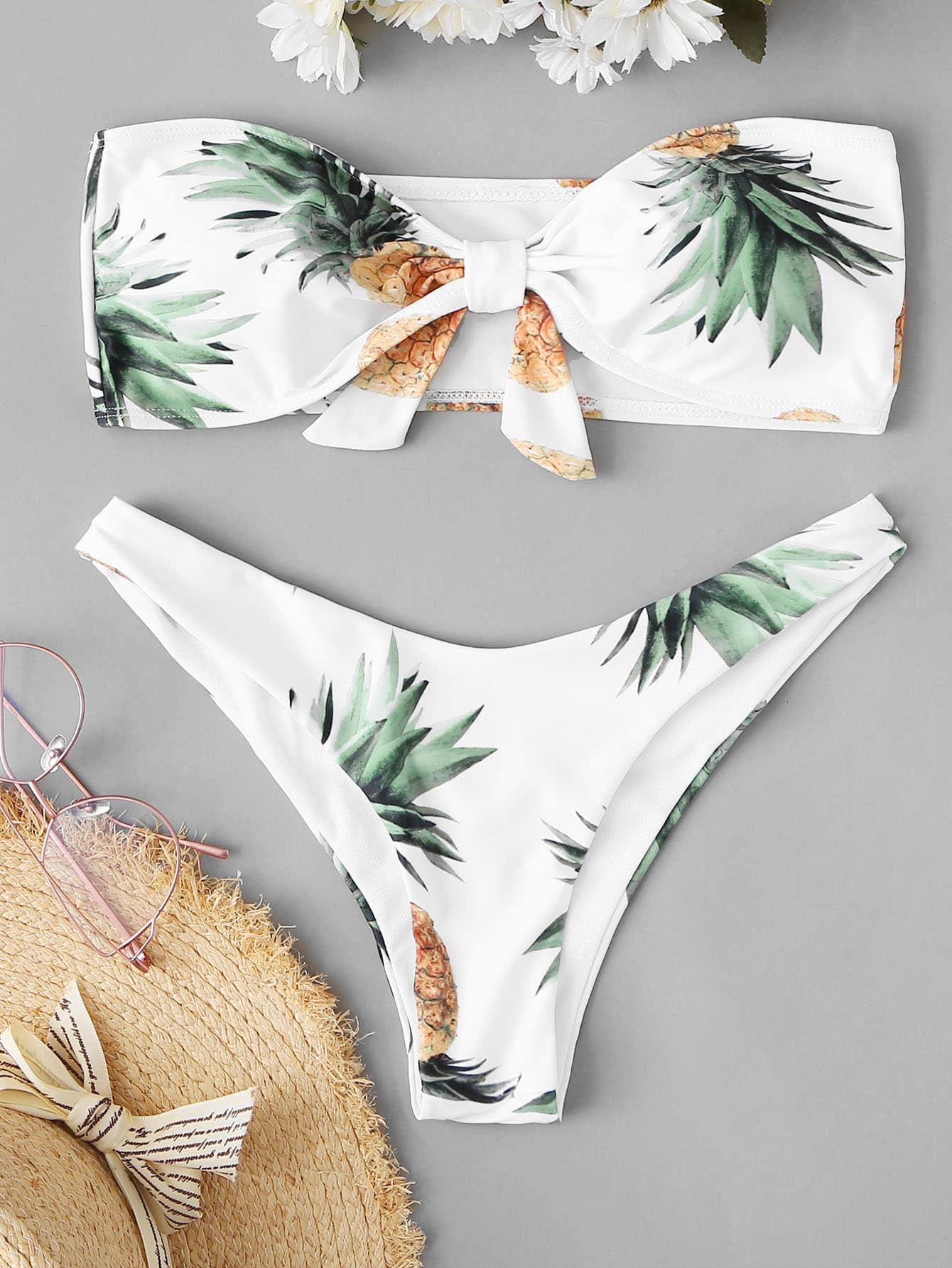 White Pineapple Print Bandeau With High Leg Bikini