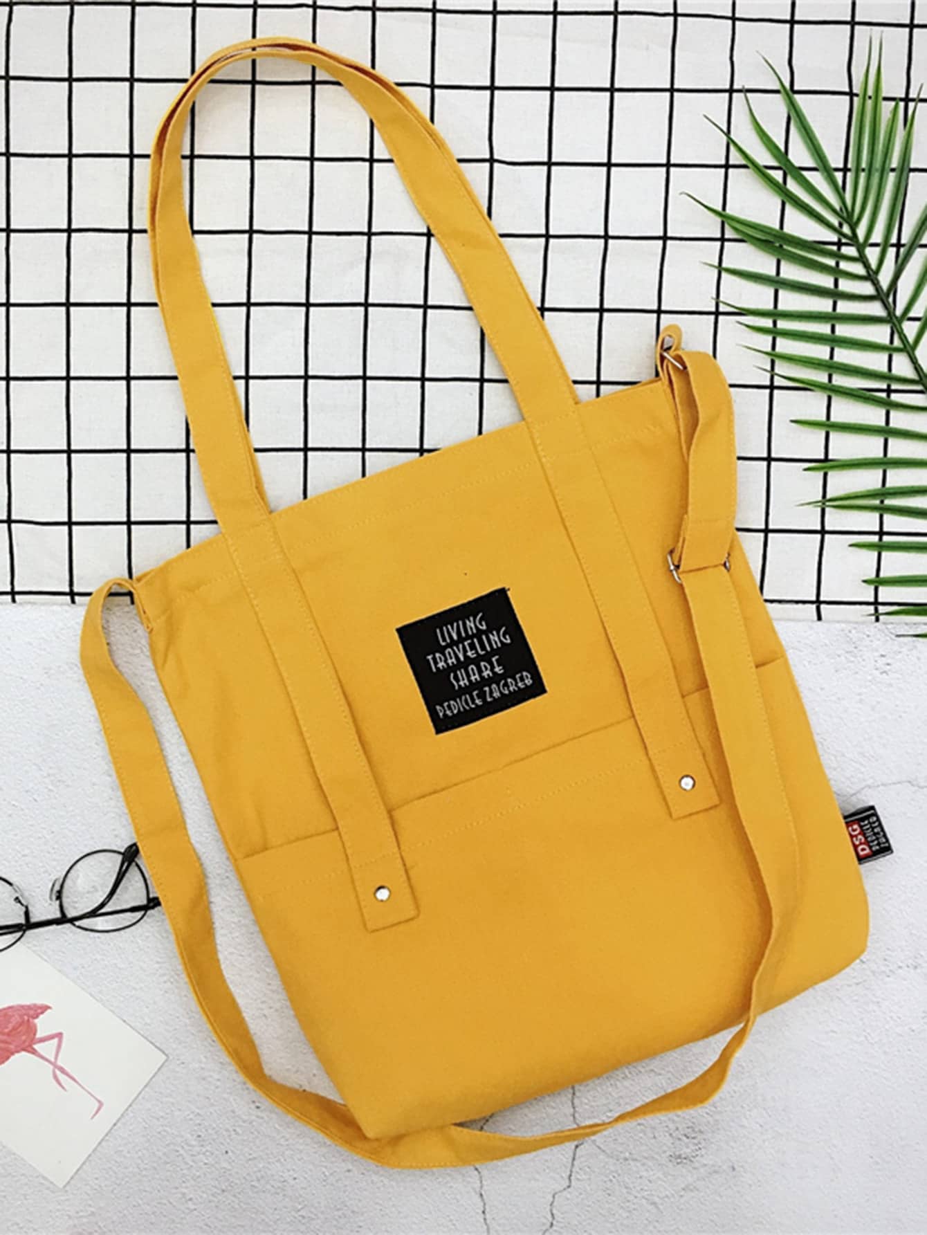 Yellow Slogan Patch Canvas Tote Bag