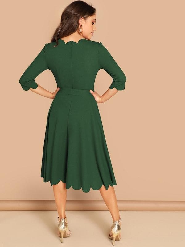 Round NeckThree Quarter Sleeve Scallop Trim Belted Fit & Flare Dress