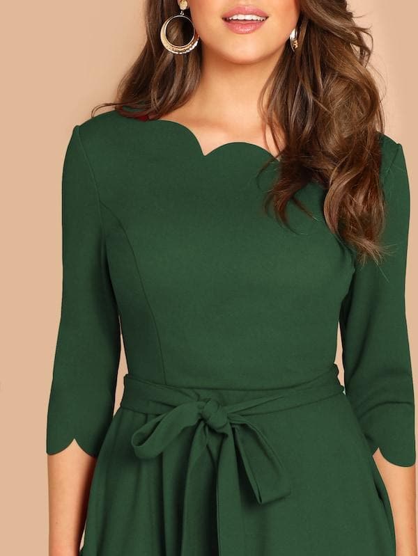 Round NeckThree Quarter Sleeve Scallop Trim Belted Fit & Flare Dress