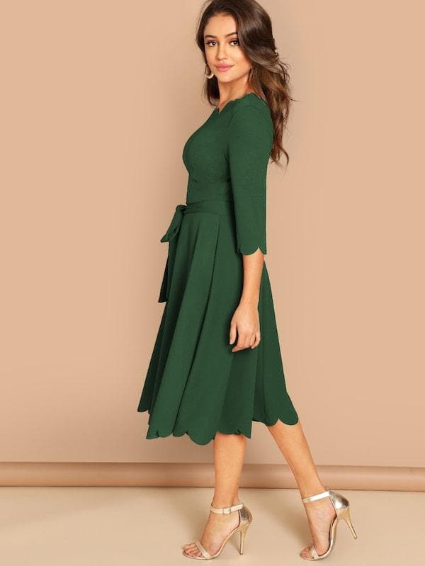 Round NeckThree Quarter Sleeve Scallop Trim Belted Fit & Flare Dress