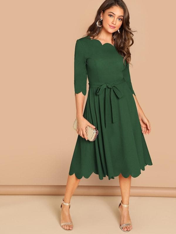 Round NeckThree Quarter Sleeve Scallop Trim Belted Fit & Flare Dress