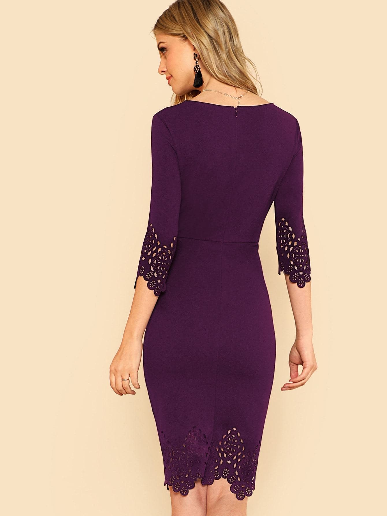 Purple Zip Back Cut-out Detail Pencil Dress