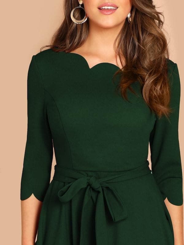 Round NeckThree Quarter Sleeve Scallop Trim Belted Fit & Flare Dress