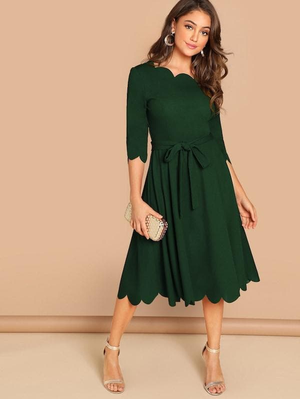 Round NeckThree Quarter Sleeve Scallop Trim Belted Fit & Flare Dress