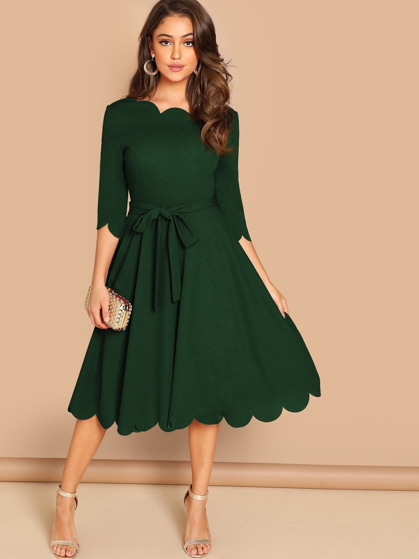 Round NeckThree Quarter Sleeve Scallop Trim Belted Fit & Flare Dress