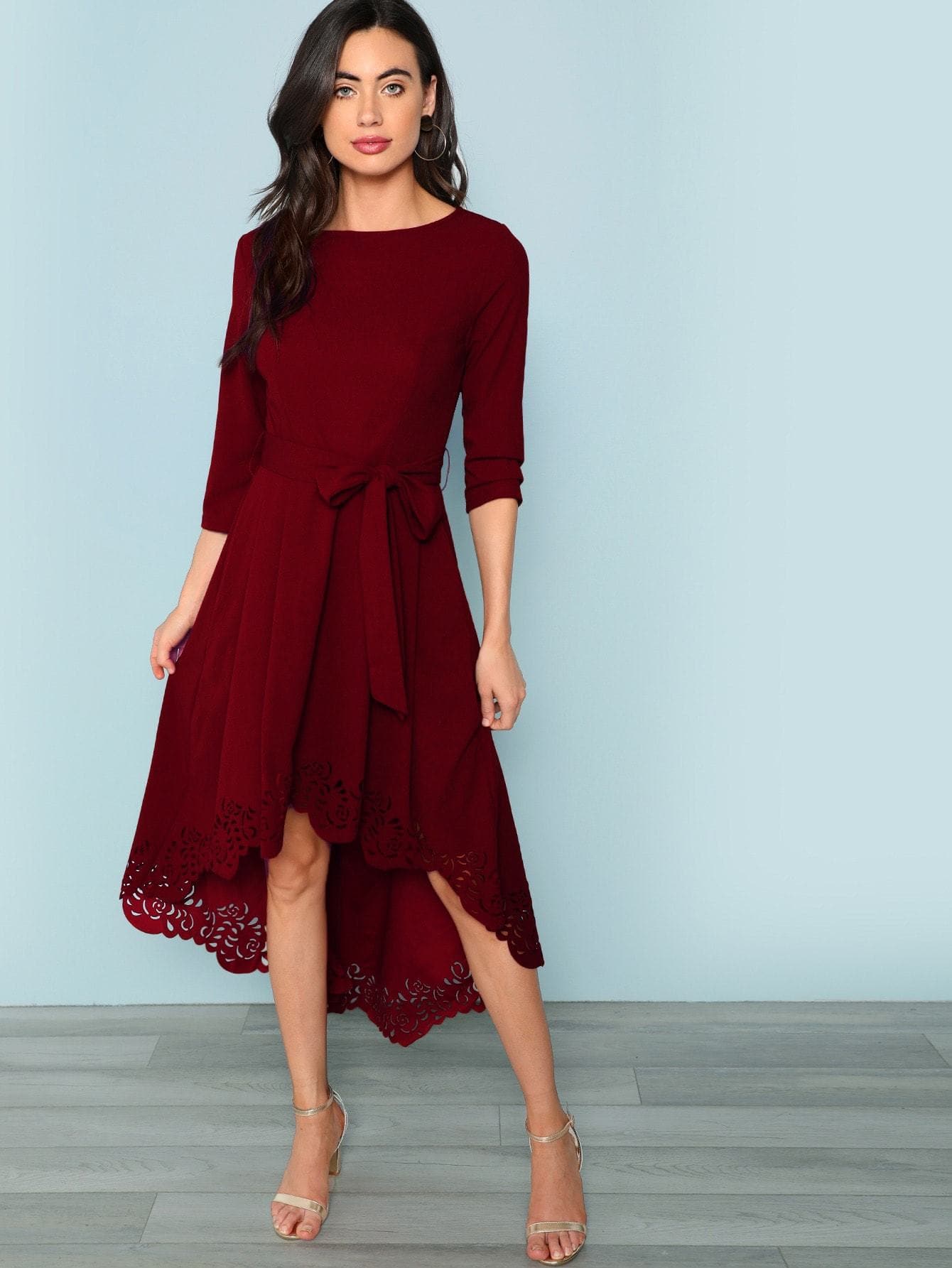 Boat Neck Scalloped Laser Cut Self Belted Dip Hem Dress