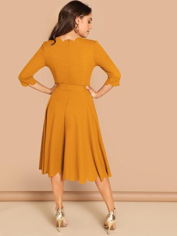 Round NeckThree Quarter Sleeve Scallop Trim Belted Fit & Flare Dress
