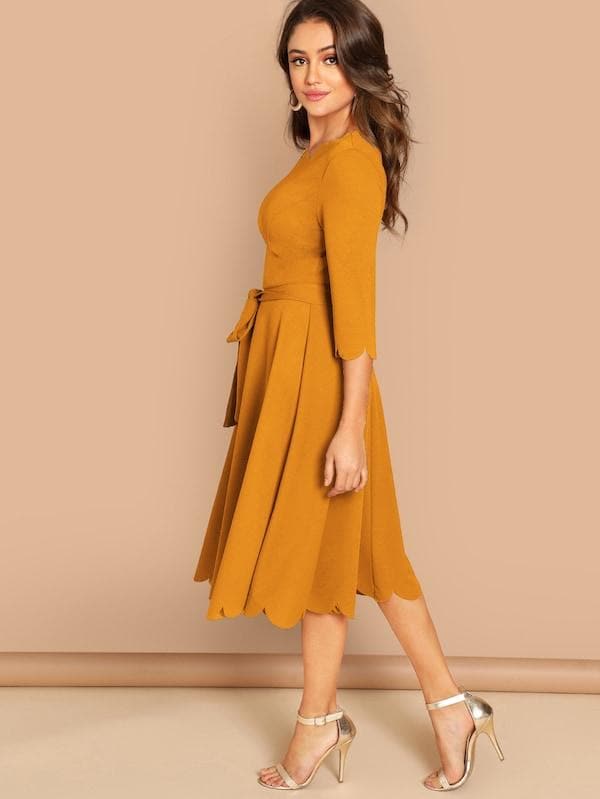Round NeckThree Quarter Sleeve Scallop Trim Belted Fit & Flare Dress