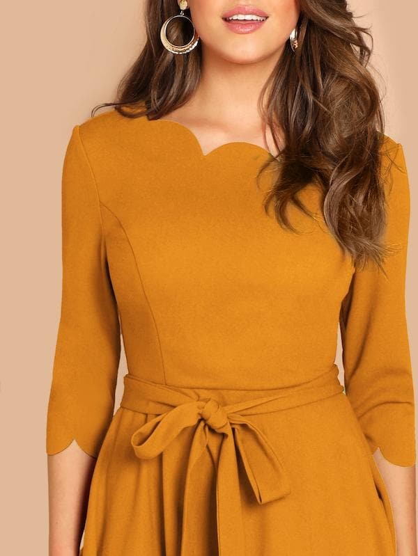 Round NeckThree Quarter Sleeve Scallop Trim Belted Fit & Flare Dress