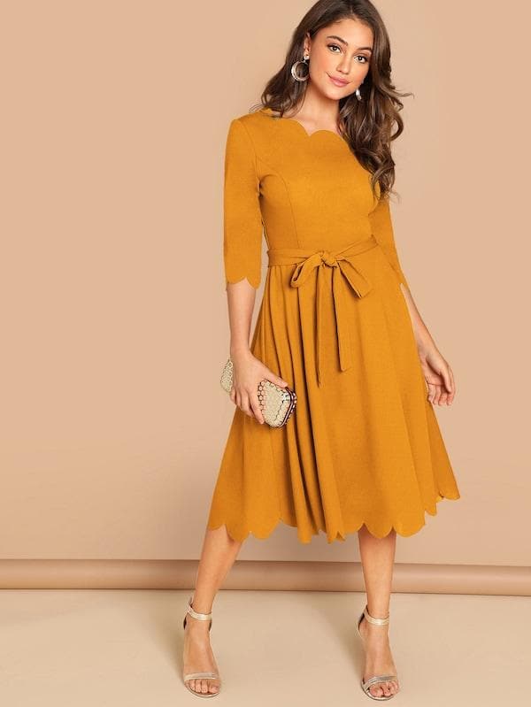 Round NeckThree Quarter Sleeve Scallop Trim Belted Fit & Flare Dress