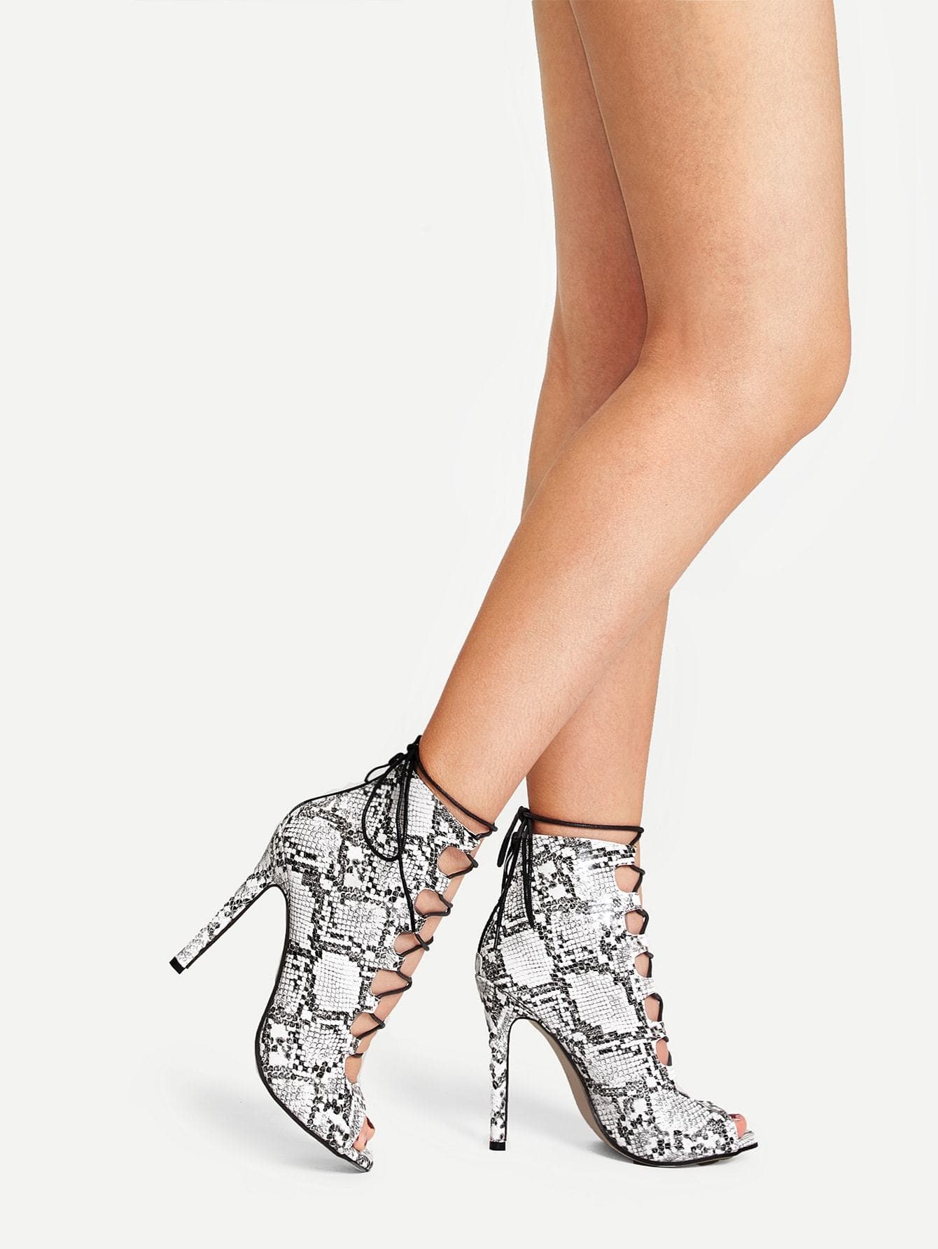 Peep Toe Snake Skin Lace-up Heels