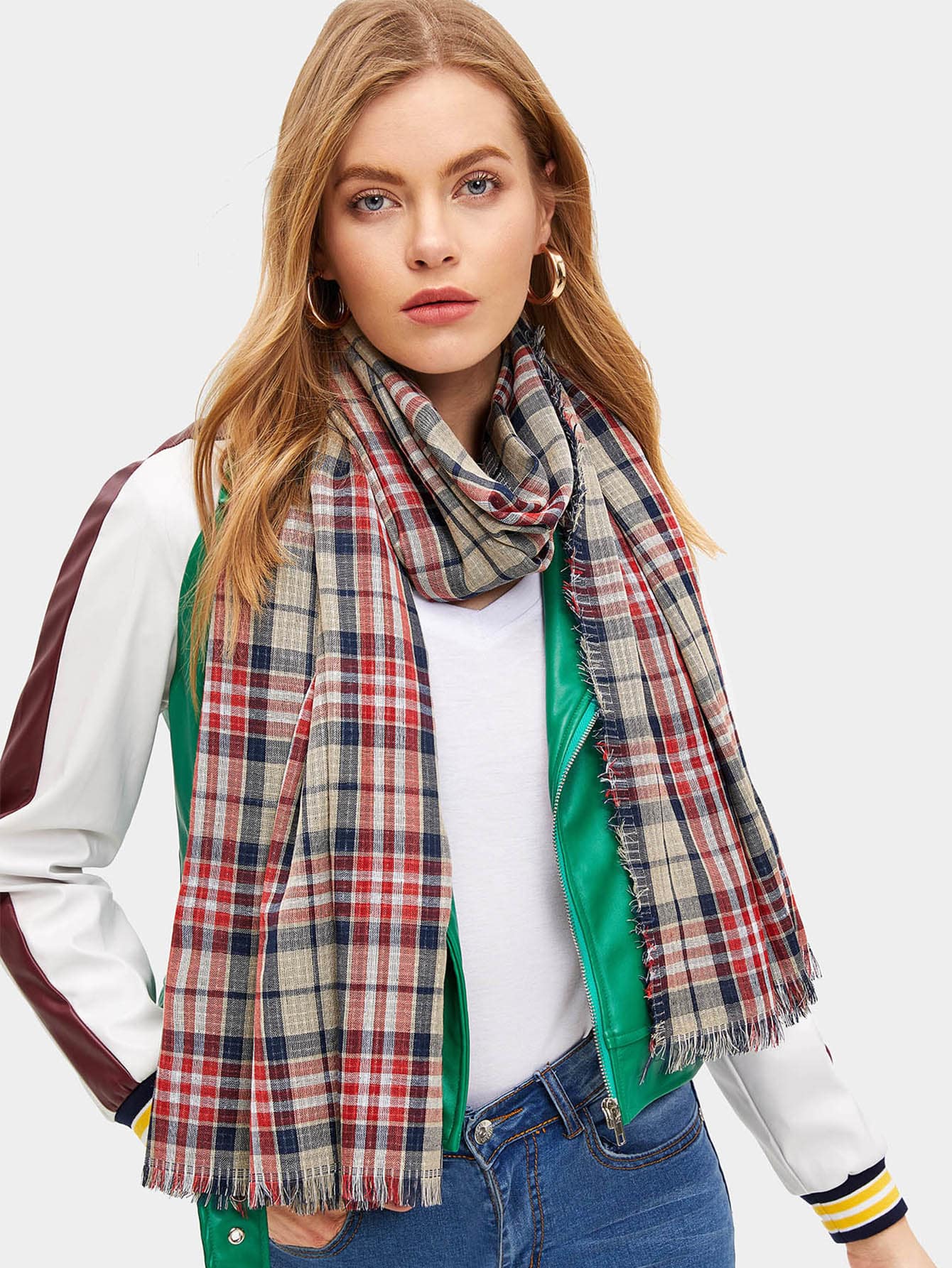 Polyester Multicolor Plaid Fringe Hem Scarf