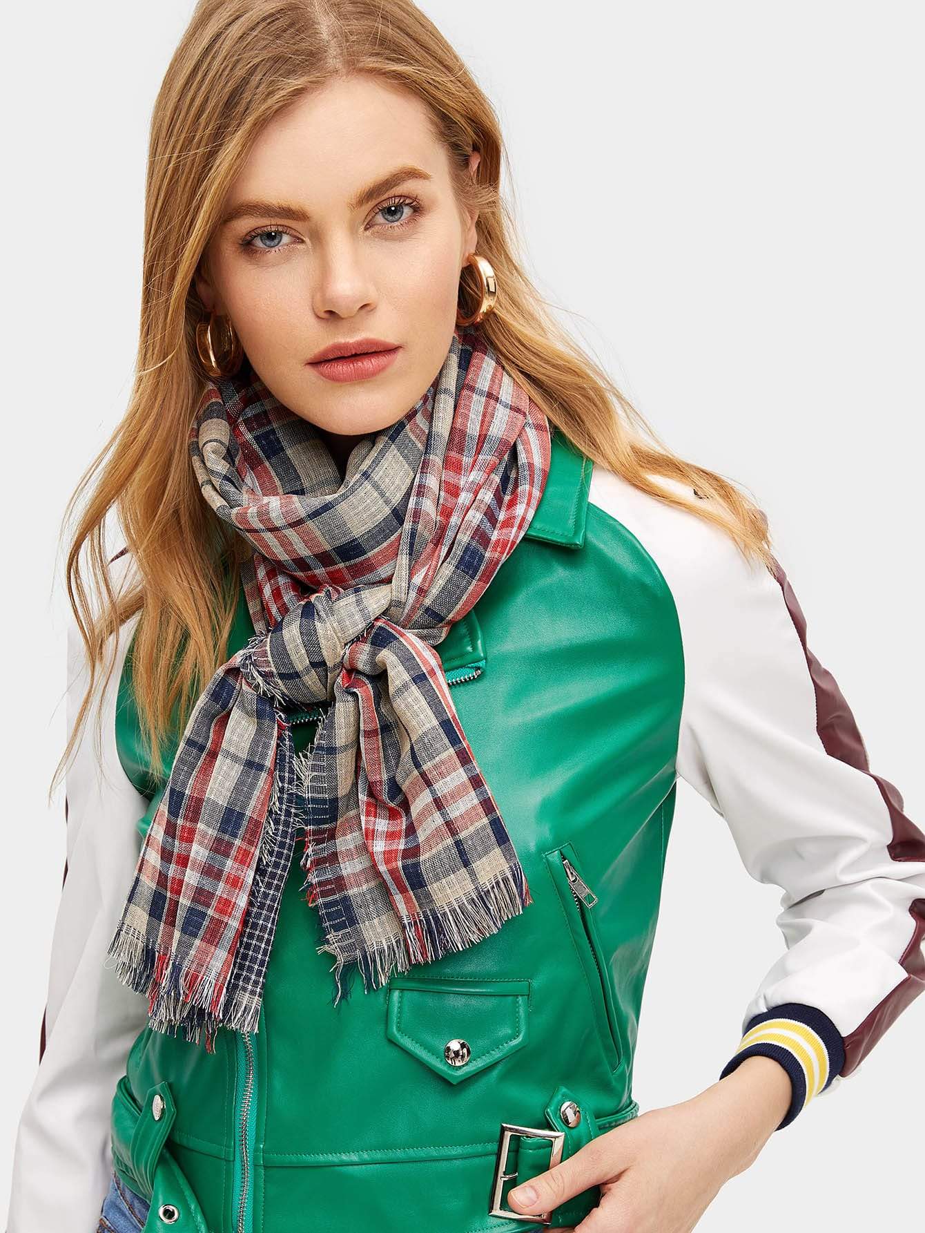 Polyester Multicolor Plaid Fringe Hem Scarf
