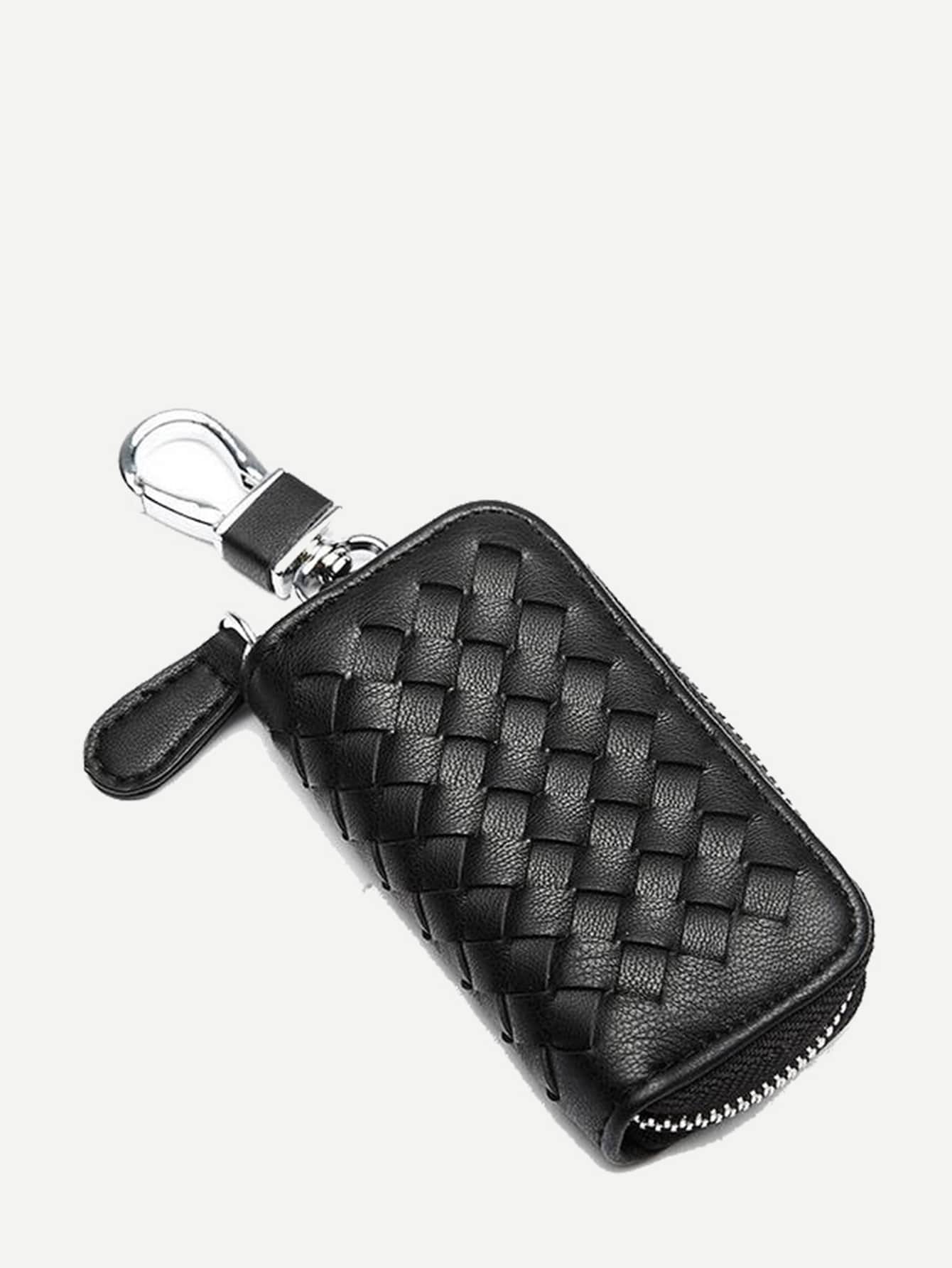 PU Leather Black Solid Braided Key Bag
