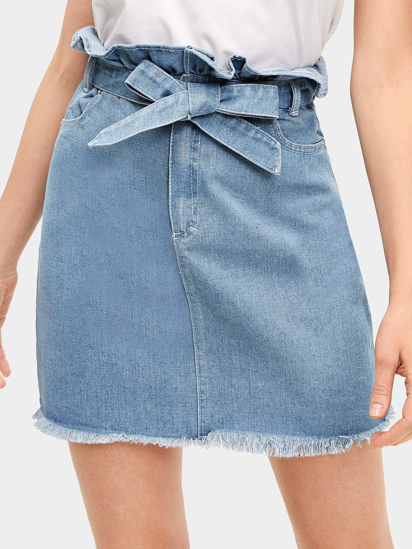 Belted Tie Waist Raw Hem Ruffle Denim Above Knee Short Skirt