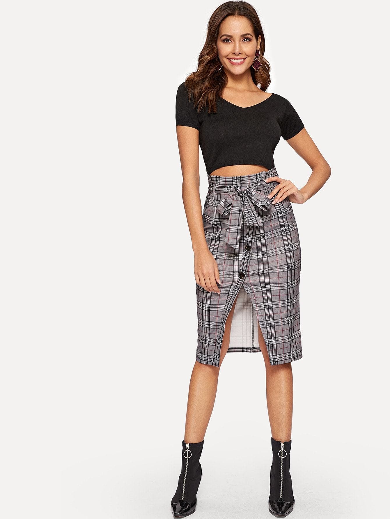 Grey Waist Belted Single Breasted Split Plaid Skirt