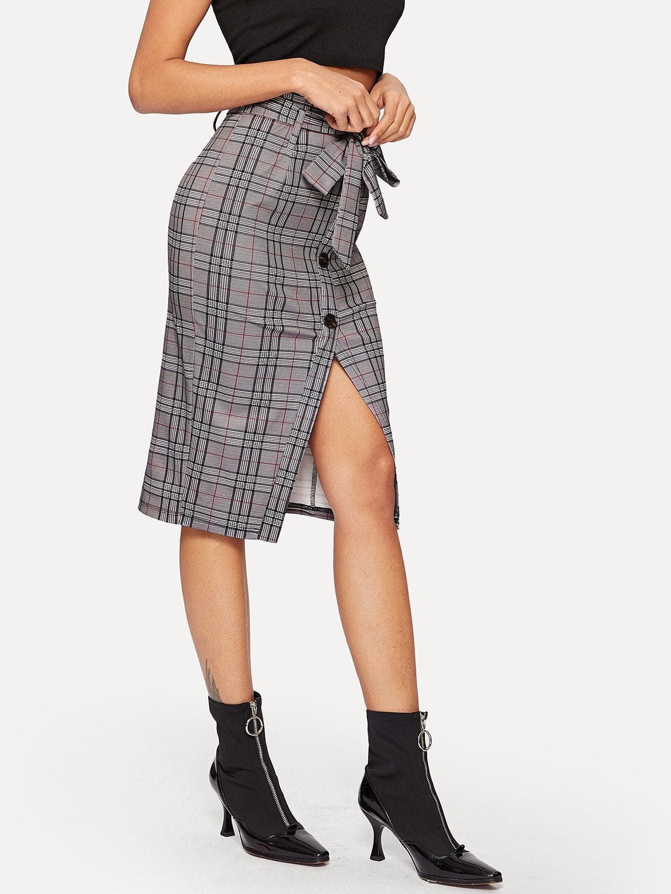 Grey Waist Belted Single Breasted Split Plaid Skirt