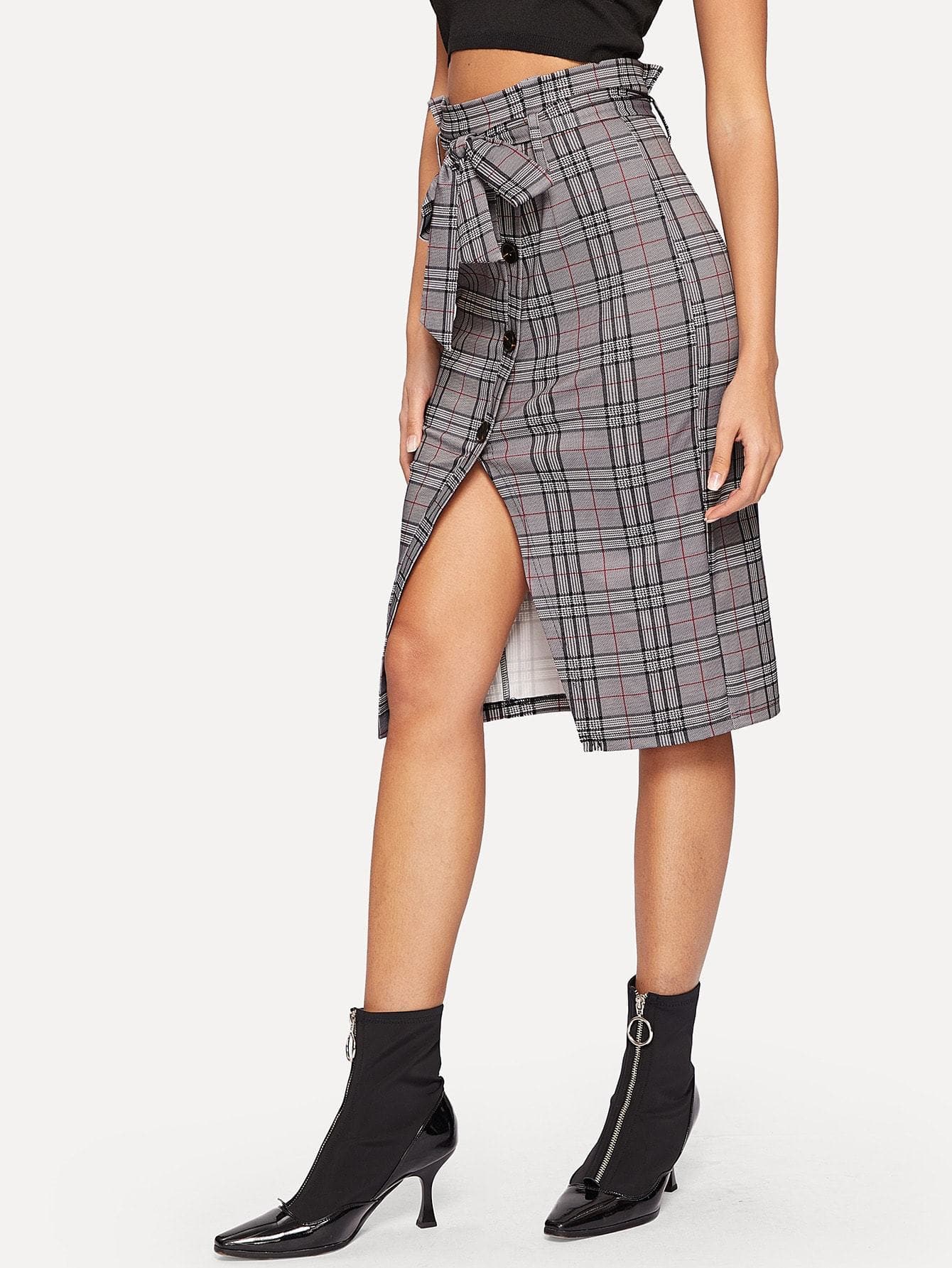Grey Waist Belted Single Breasted Split Plaid Skirt