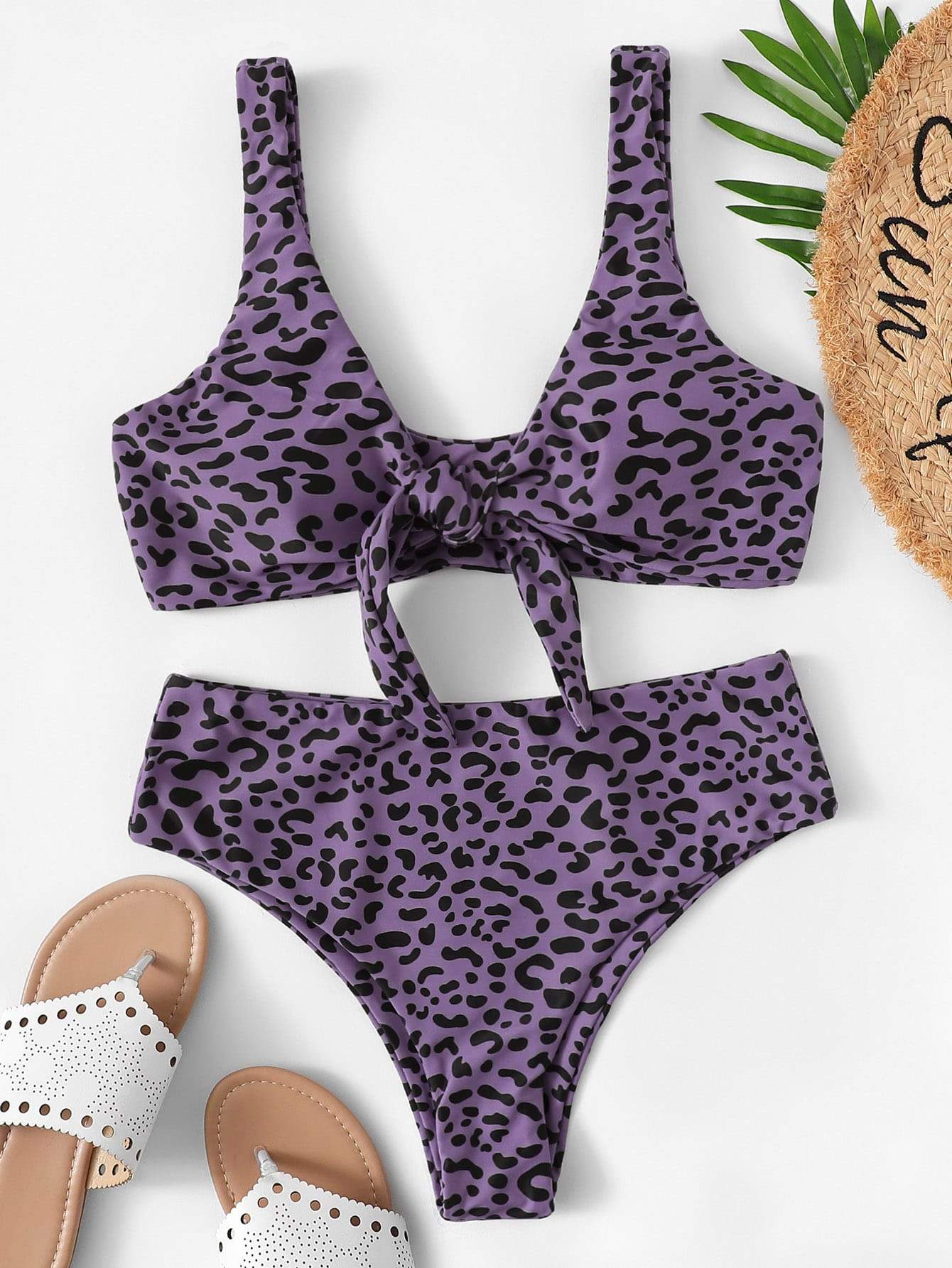 Plunge Neck Knot Front Dot Print Bikini Swimwear
