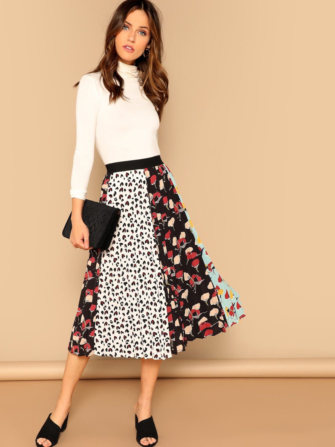 Polyester Mid Waist Leopard and Floral Print Pleated Skirt