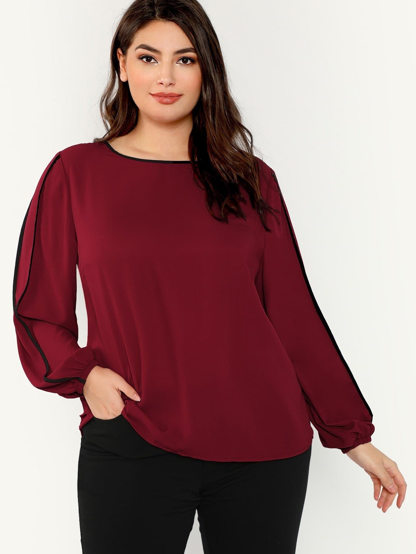 Polyester Round Neck Long Sleeve Plus Contrast Binding Top