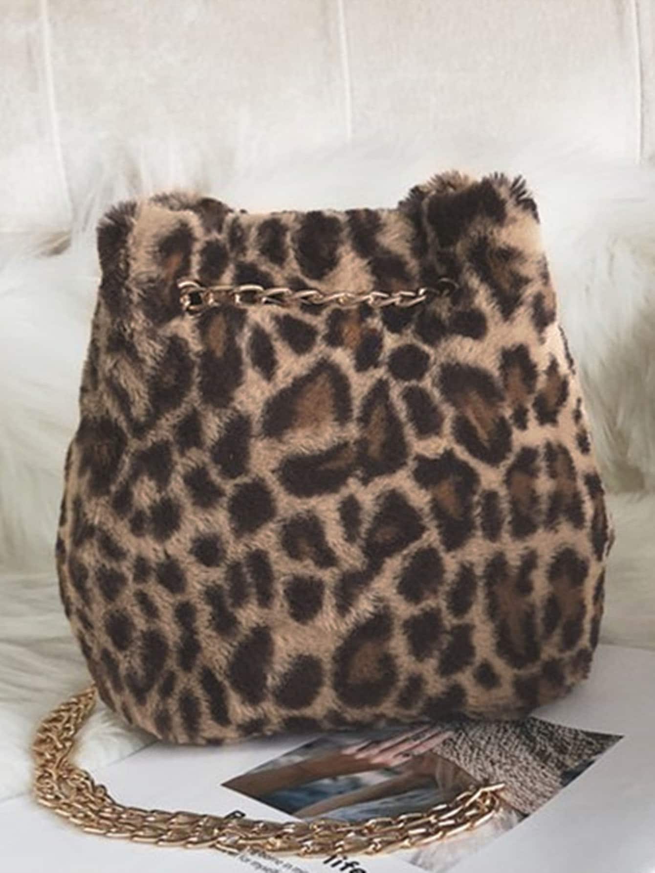 Brown Leopard Pattern Chain Tote Bag