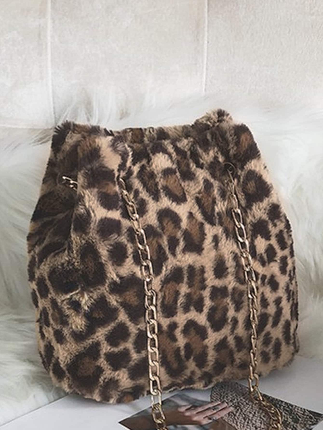 Brown Leopard Pattern Chain Tote Bag